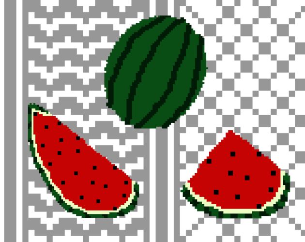 Image description: Game cover image for Watermelon Match, consiting of a set of three pixel art watermelons; one whole, half, and quarter-sliced, against a pixel keffiyeh background pattern.